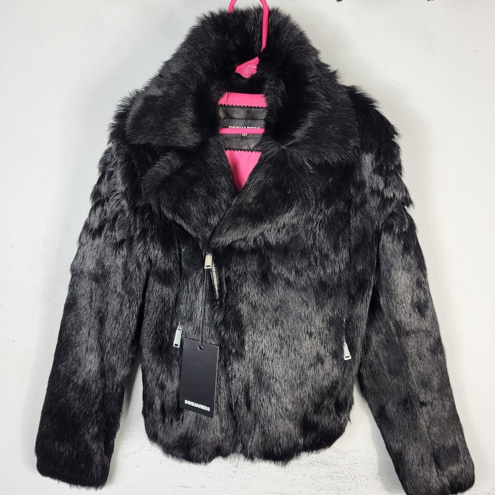 NWT~$1175~DSQUARED2~10/12Y~BLACK REAL FUR GENUINE LEATHER MOTO BIKER COAT JACKET
